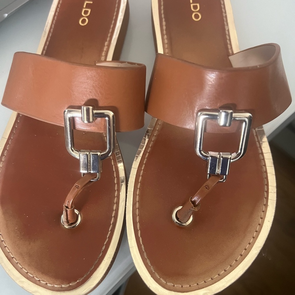Aldo Tan Leather Slides with Silver Accent